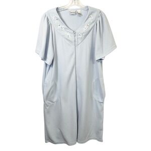 VTG Bobbie Brooks Plus Sz 3X Nightgown Seersucker Midi Blue Zip Robe Pockets 202